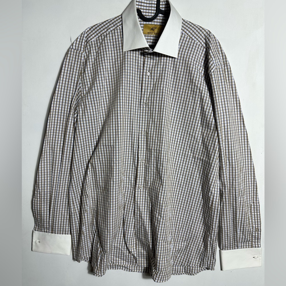 Rossi Man designer Men's Checkered Shirt cuff links white contrast collar